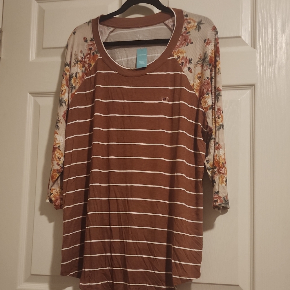 Maurices Brown Striped Top with Floral Sleeves